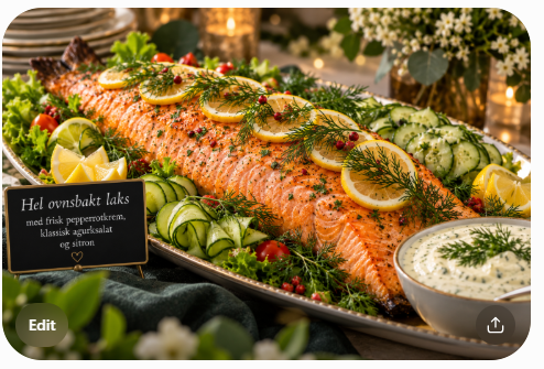 Hel ovnsbakt laks med pepperrotkrem, agurksalat og sitron