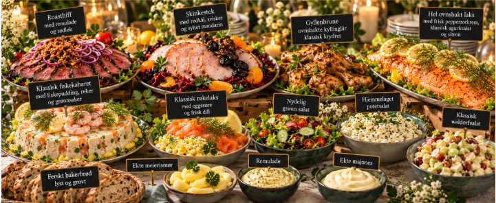 Koldtbord med roastbiff, skinkestek, ovnsbakte kyllinglår, røkelaks, fiskekabaret, waldorfsalat, potetsalat, remulade, majones og bakerbrød
